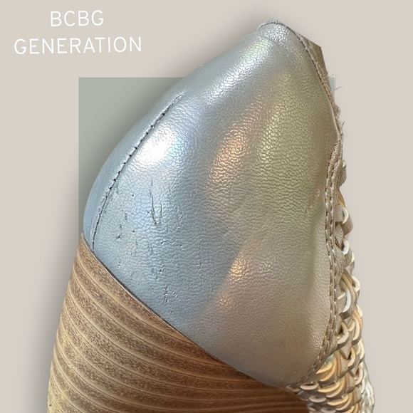 BCBGenervation Tylar Silver Woven Open Toe Wedge Heel - Size 6.5 - Picture 15 of 16